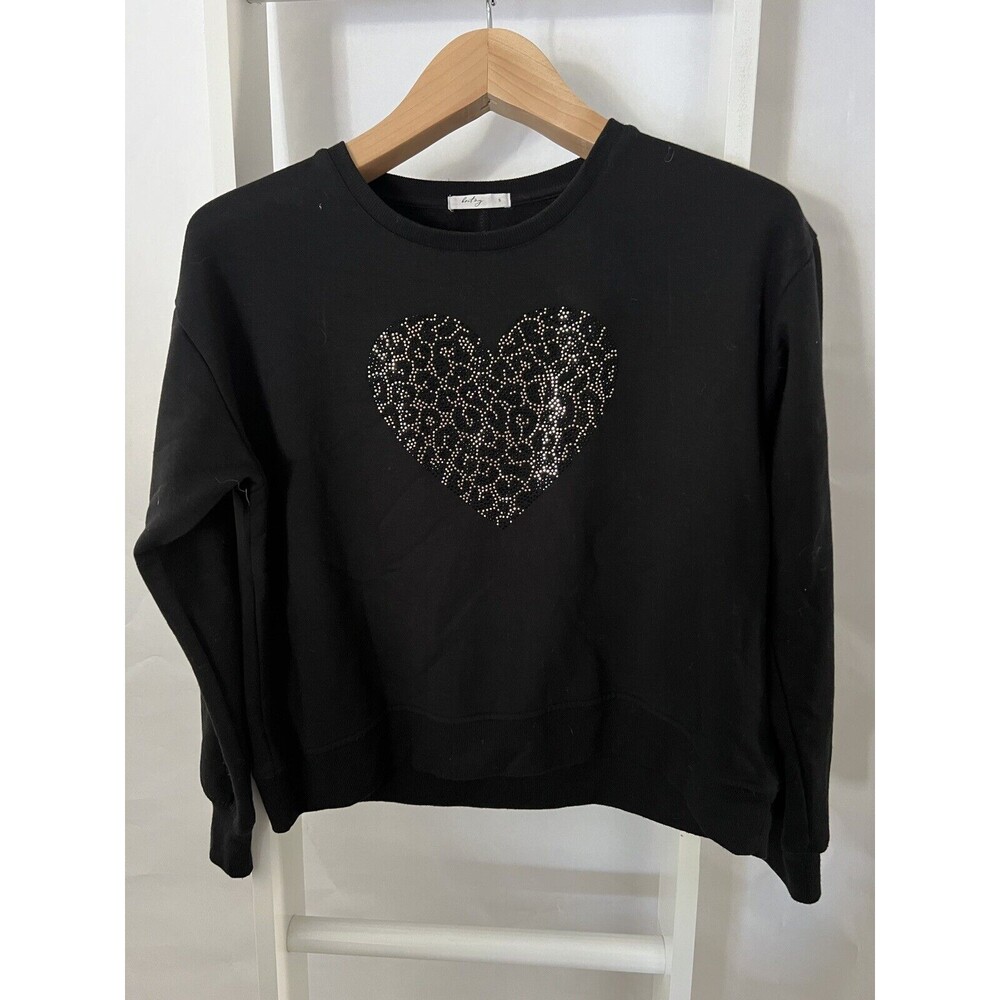 Britny Heart Sweatshirt Womens S Black Gold Black Sparkly Heart Long Sleeve EUC